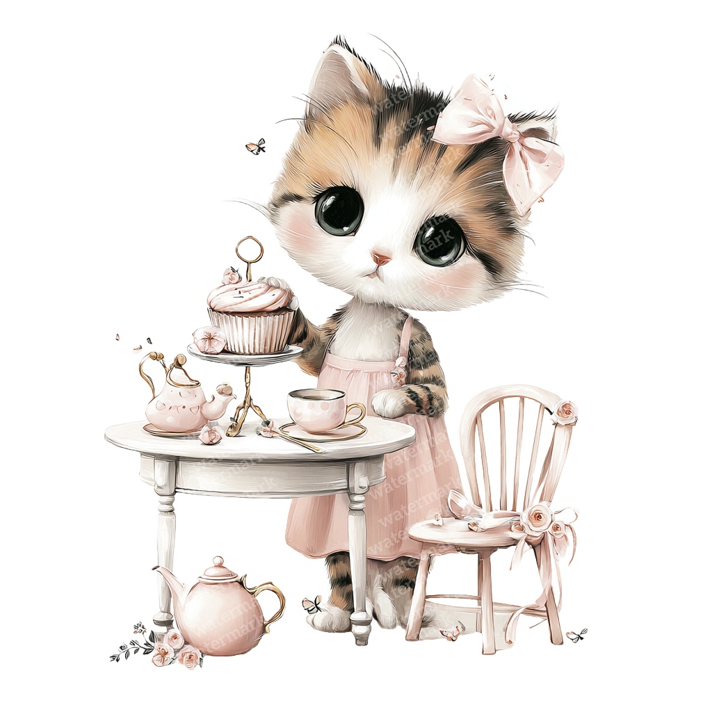 【商用利用可】子猫のティーパーティー水彩クリップアート20点セット|高解像度・透過PNG|猫・ティータイム・ファンタジー素材|ペーパークラフト・ジャンクジャーナル素材