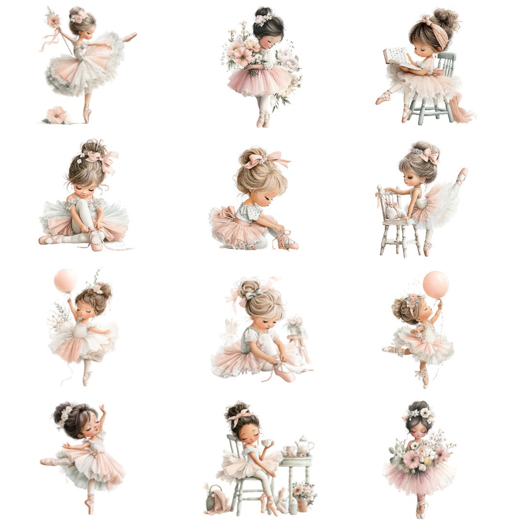 【商用利用可】小さなバレリーナの女の子の水彩クリップアート18点セット|高解像度・透過PNG|バレエ・ファッションイラスト素材|ペーパークラフト・ジャンクジャーナル素材