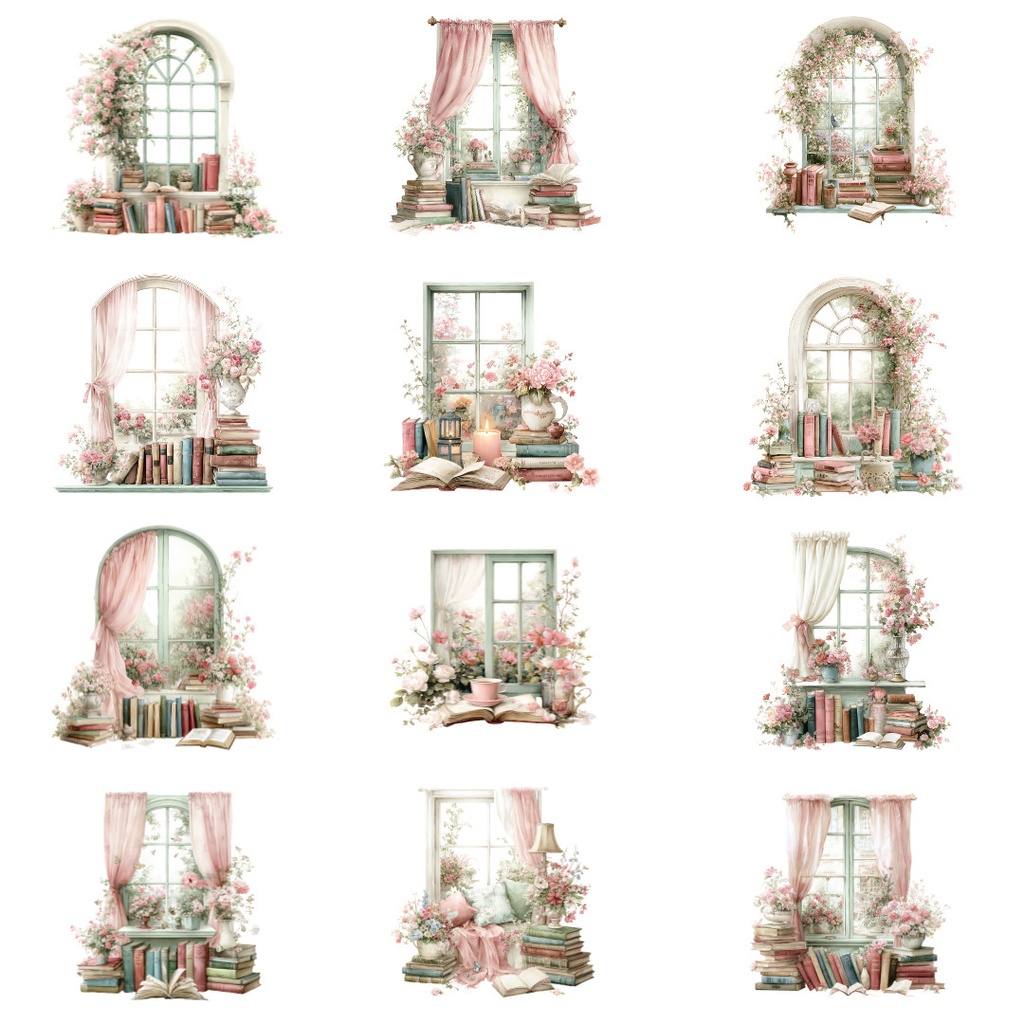 【商用利用可】窓辺のくつろぎシーン水彩クリップアート20点セット|高解像度・透過PNG|コージーインテリア・ナチュラル素材|ペーパークラフト・ジャンクジャーナル素材