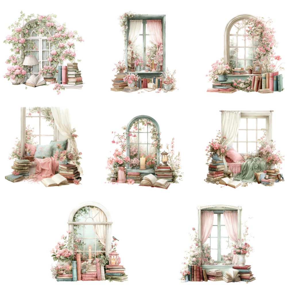 【商用利用可】窓辺のくつろぎシーン水彩クリップアート20点セット|高解像度・透過PNG|コージーインテリア・ナチュラル素材|ペーパークラフト・ジャンクジャーナル素材