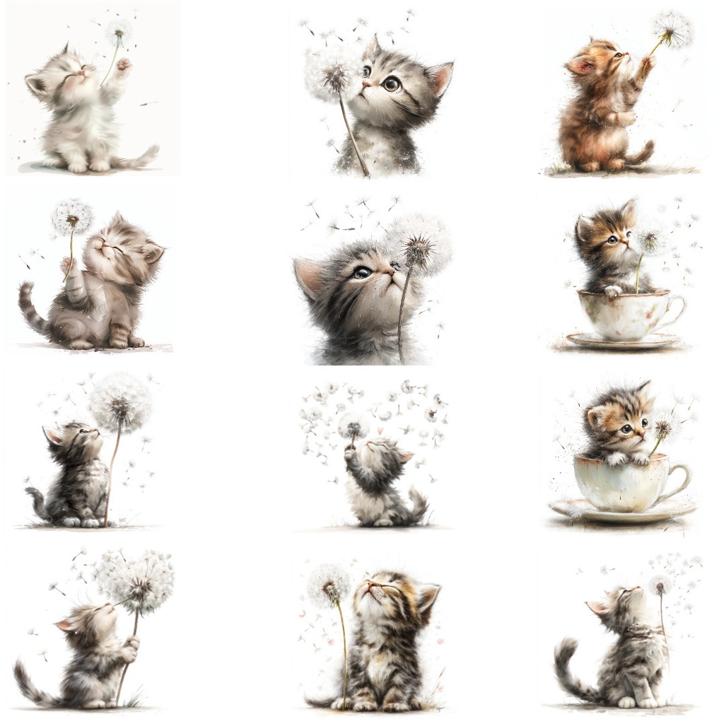【商用利用可】猫とたんぽぽの綿毛の水彩クリップアート20点セット|高解像度JPG|ナチュラル・ファンタジー素材|ペーパークラフト・ジャンクジャーナル素材