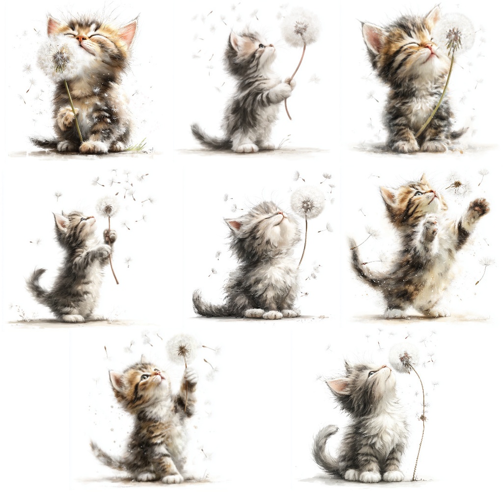 【商用利用可】猫とたんぽぽの綿毛の水彩クリップアート20点セット|高解像度JPG|ナチュラル・ファンタジー素材|ペーパークラフト・ジャンクジャーナル素材