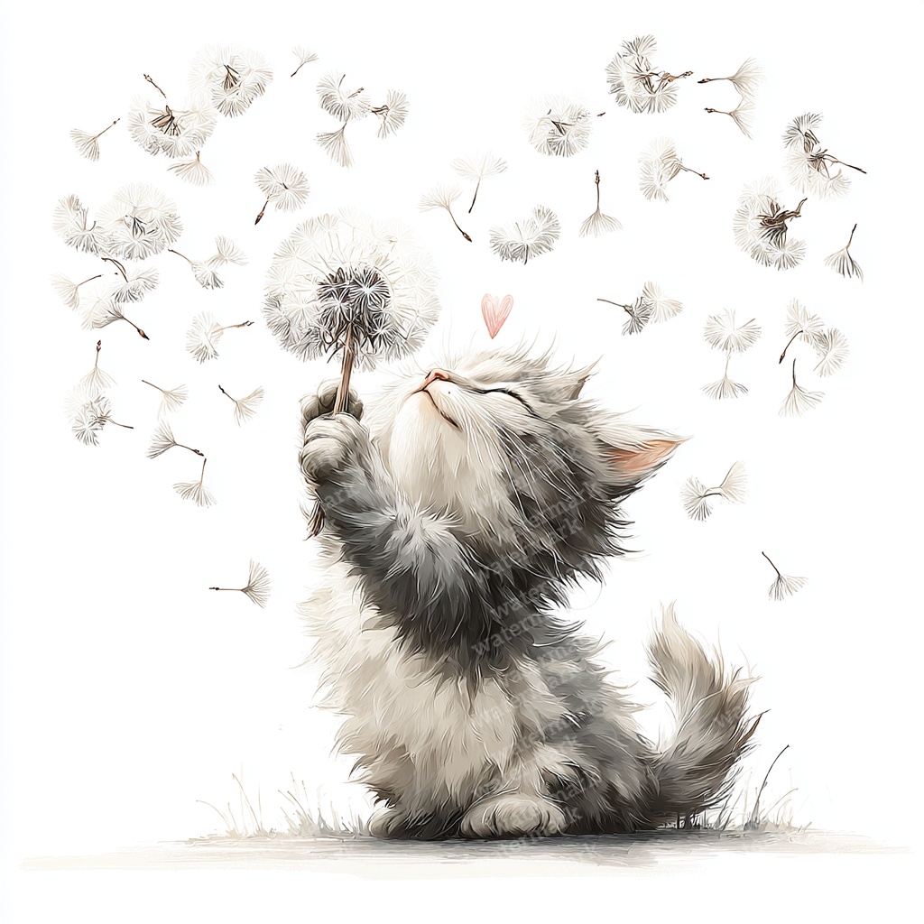 【商用利用可】猫とたんぽぽの綿毛の水彩クリップアート20点セット|高解像度JPG|ナチュラル・ファンタジー素材|ペーパークラフト・ジャンクジャーナル素材