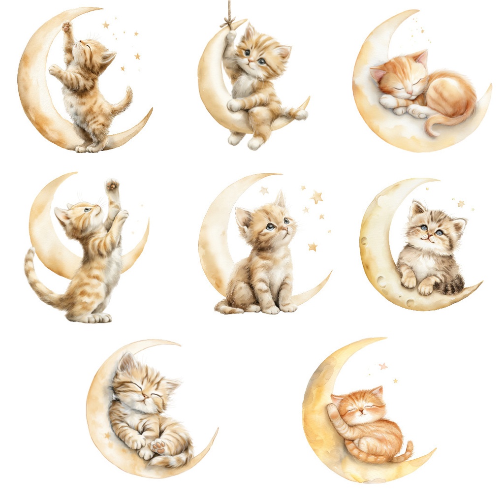 【商用利用可】三日月に乗る猫の水彩クリップアート20点セット|高解像度・透過PNG|ファンタジー・ナイトスカイ素材|ペーパークラフト・ジャンクジャーナル素材