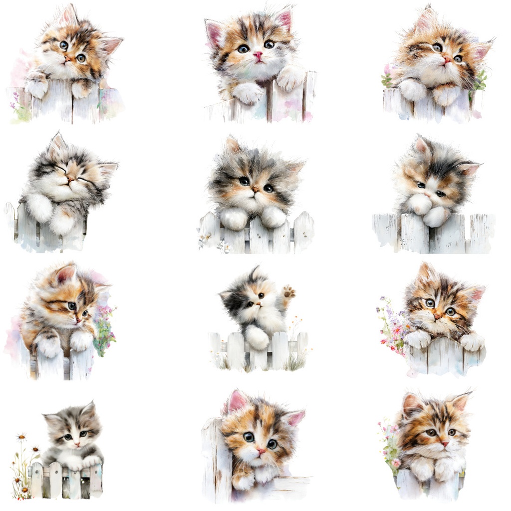【商用利用可】ふわふわ子猫の水彩クリップアート12点セット|高解像度・透過PNG|猫素材・アニマルイラスト|ペーパークラフト・ジャンクジャーナル素材