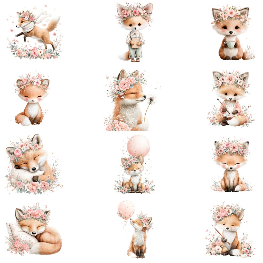 【商用利用可】花とキツネの水彩クリップアート20点セット|高解像度・透過PNG|フォックス・ナチュラル素材|ペーパークラフト・ジャンクジャーナル素材