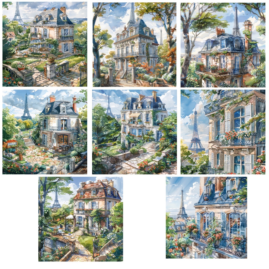 【商用利用可】フレンチヴィラの水彩クリップアート20点セット|高解像度JPG|ヨーロッパ邸宅・風景素材|ペーパークラフト・ジャンクジャーナル素材