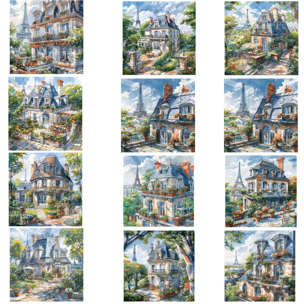 【商用利用可】フレンチヴィラの水彩クリップアート20点セット|高解像度JPG|ヨーロッパ邸宅・風景素材|ペーパークラフト・ジャンクジャーナル素材