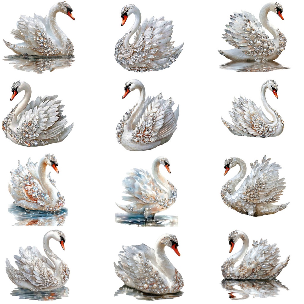 【商用利用可】ラグジュアリースワンの水彩クリップアート16点セット|高解像度・透過PNG|白鳥・エレガント素材|ペーパークラフト・ジャンクジャーナル素材