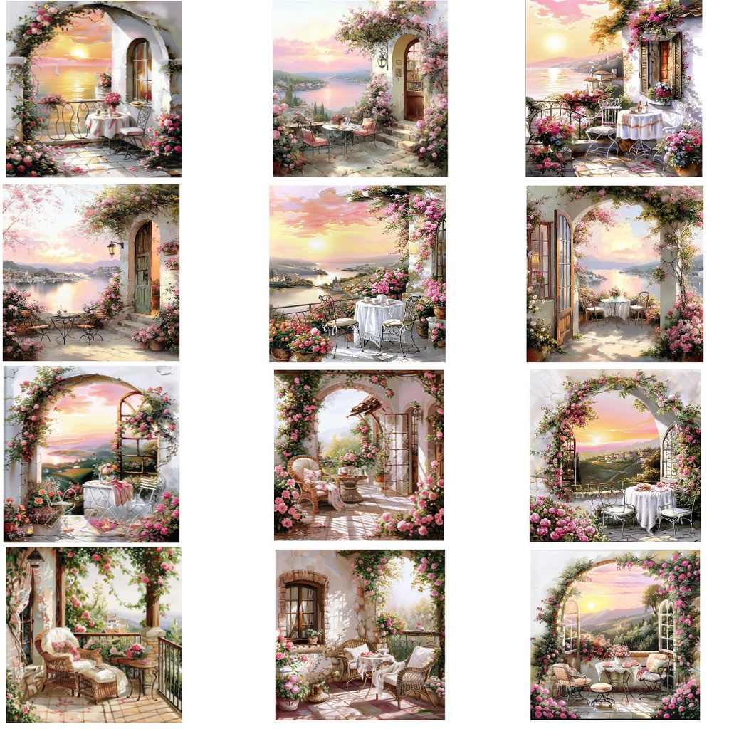 【商用利用可】ロマンチックテラスの水彩クリップアート40点セット|高解像度JPG|ヨーロッパ風景・幻想素材|ペーパークラフト・ジャンクジャーナル素材