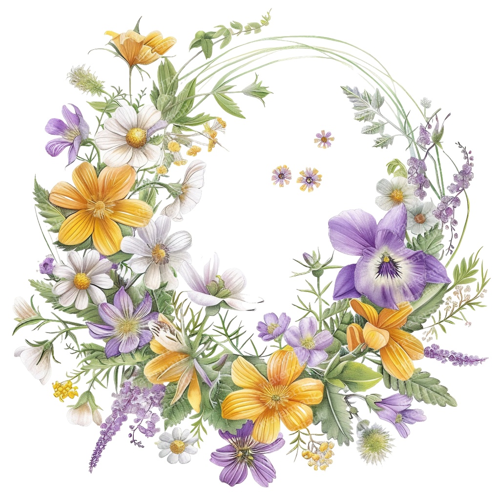 【商用利用可】ボタニカルフラワーリースの水彩クリップアート20点セット|高解像度・透過PNG|花輪・植物素材|ペーパークラフト・ジャンクジャーナル素材