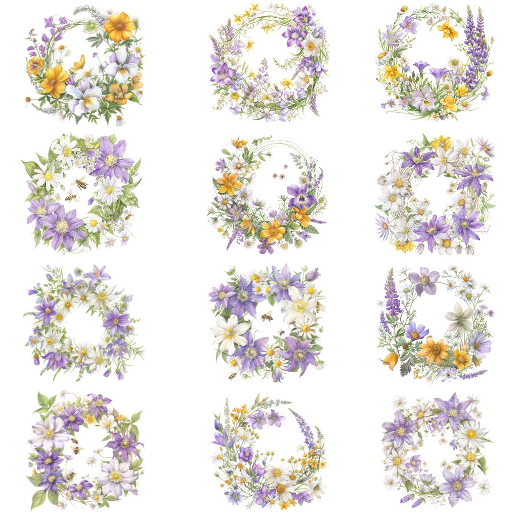 【商用利用可】ボタニカルフラワーリースの水彩クリップアート20点セット|高解像度・透過PNG|花輪・植物素材|ペーパークラフト・ジャンクジャーナル素材