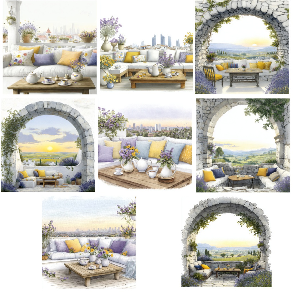 【商用利用可】ルーフトップテラスの水彩クリップアート20点セット|高解像度JPG|都会風景・リラックス素材|ペーパークラフト・ジャンクジャーナル素材