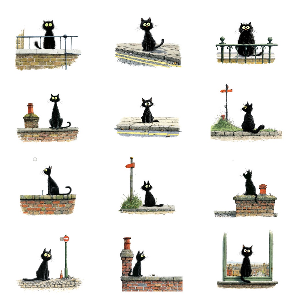 【商用利用可】黒猫の水彩クリップアート31点セット|高解像度・透過PNG|猫素材・ハロウィン・ペーパークラフト・ジャンクジャーナル素材