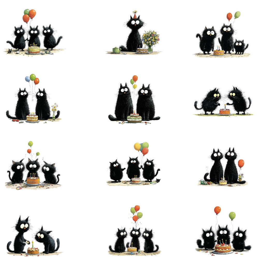 【商用利用可】黒猫バースデーの水彩クリップアート36点セット|高解像度・透過PNG|誕生日・猫素材|ペーパークラフト・ジャンクジャーナル素材