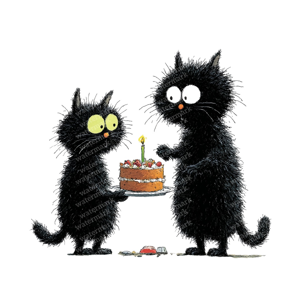 【商用利用可】黒猫バースデーの水彩クリップアート36点セット|高解像度・透過PNG|誕生日・猫素材|ペーパークラフト・ジャンクジャーナル素材