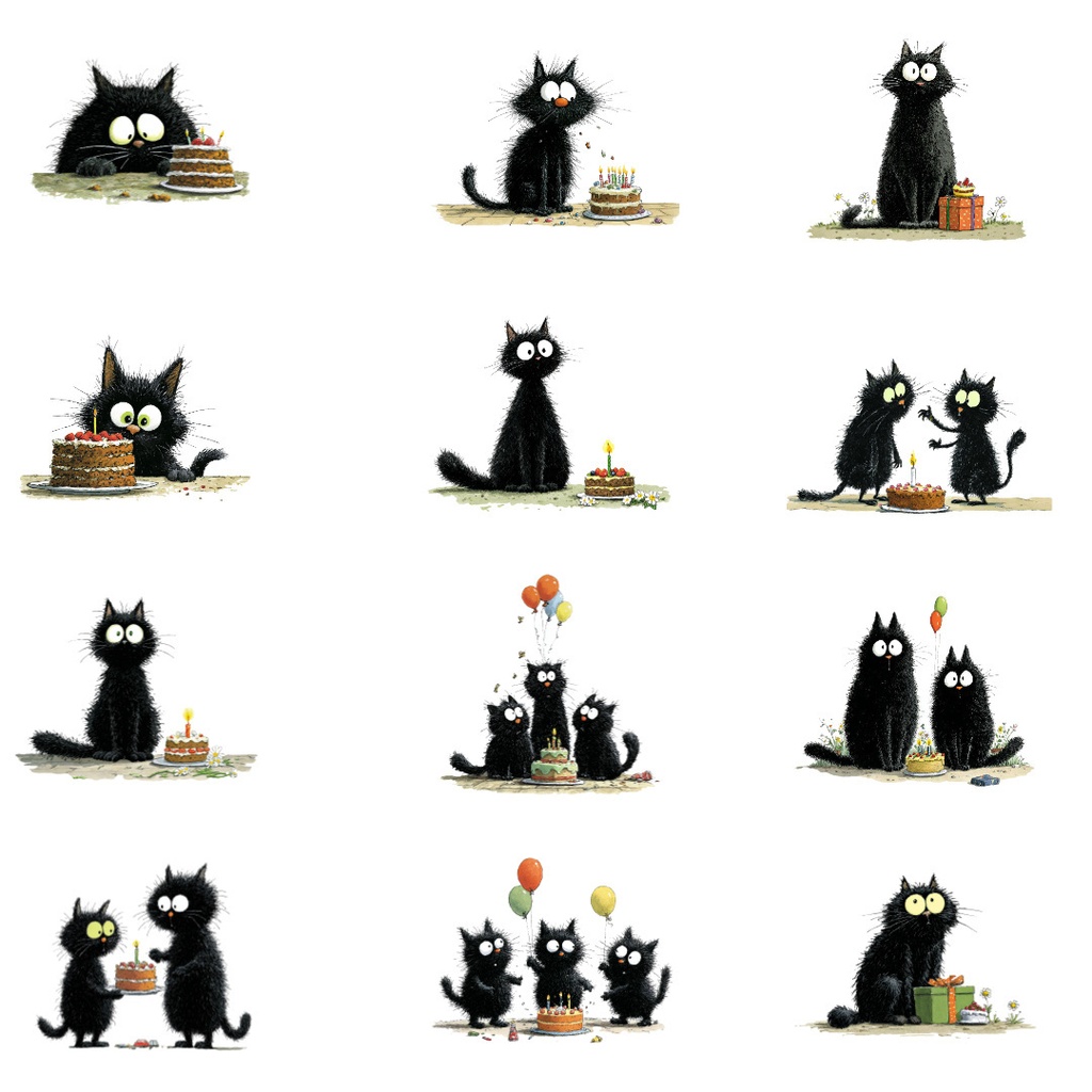 【商用利用可】黒猫バースデーの水彩クリップアート36点セット|高解像度・透過PNG|誕生日・猫素材|ペーパークラフト・ジャンクジャーナル素材