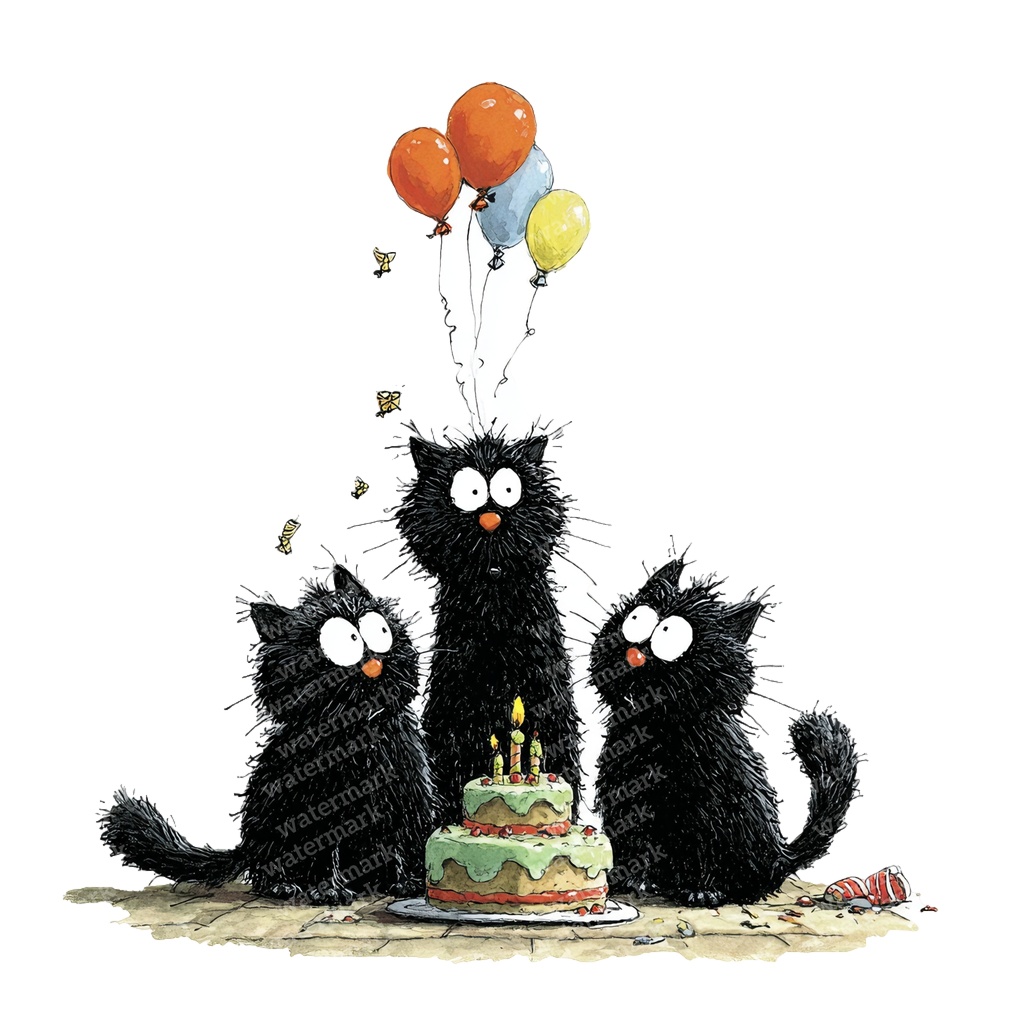 【商用利用可】黒猫バースデーの水彩クリップアート36点セット|高解像度・透過PNG|誕生日・猫素材|ペーパークラフト・ジャンクジャーナル素材
