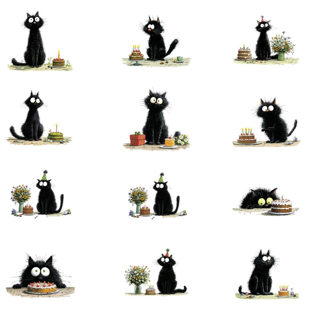 【商用利用可】黒猫バースデーの水彩クリップアート36点セット|高解像度・透過PNG|誕生日・猫素材|ペーパークラフト・ジャンクジャーナル素材