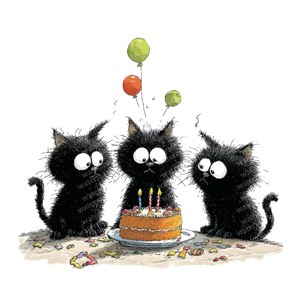【商用利用可】黒猫バースデーの水彩クリップアート36点セット|高解像度・透過PNG|誕生日・猫素材|ペーパークラフト・ジャンクジャーナル素材