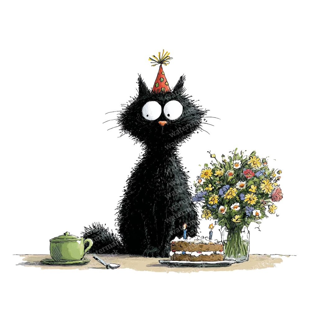 【商用利用可】黒猫バースデーの水彩クリップアート36点セット｜高解像度・透過PNG｜誕生日・猫素材｜ペーパークラフト・ジャンクジャーナル素材