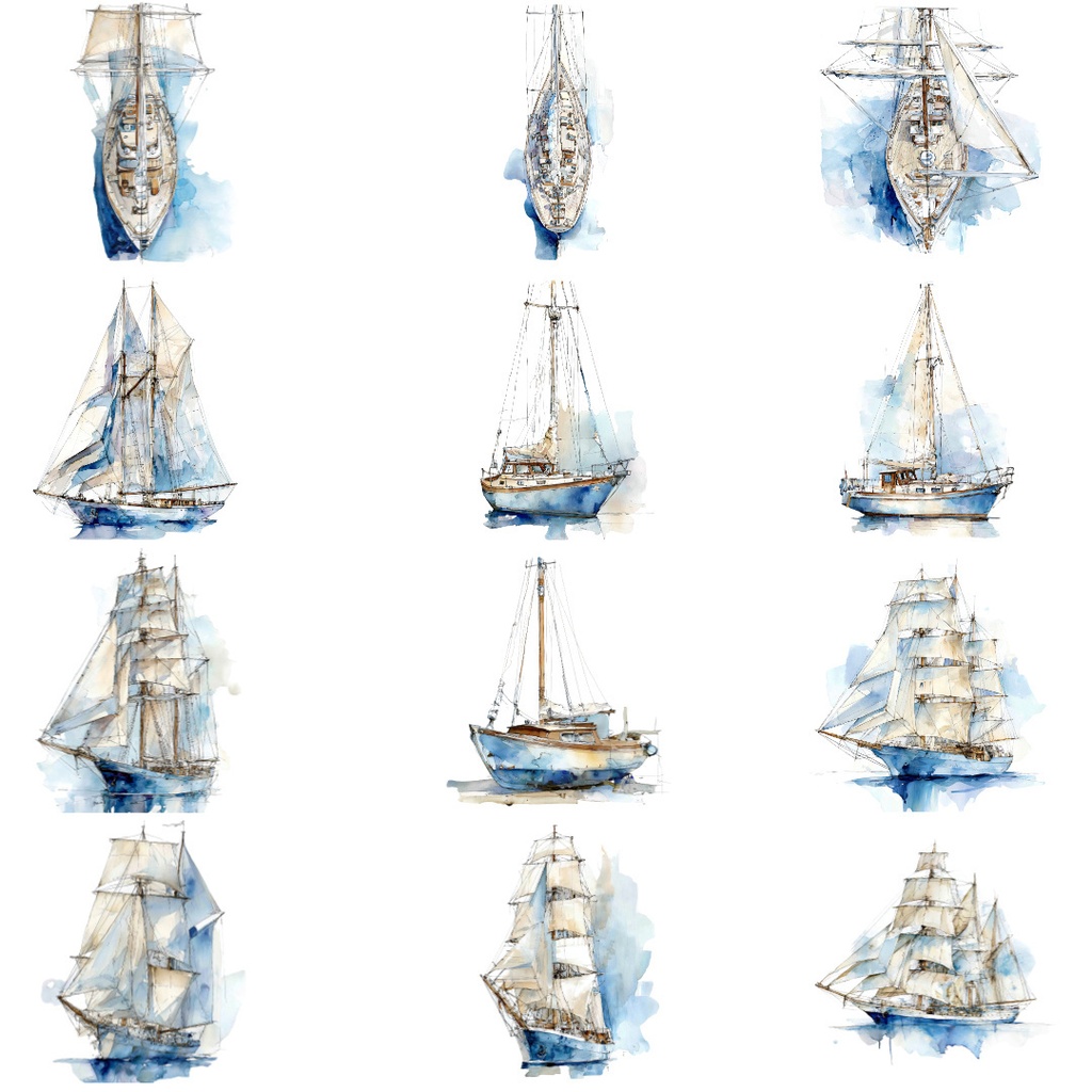 【商用利用可】帆船の水彩クリップアート20点セット|高解像度・透過PNG|マリン・航海素材|ペーパークラフト・ジャンクジャーナル素材