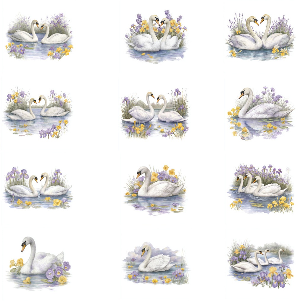 【商用利用可】エレガントな白鳥の水彩クリップアート20点セット|高解像度・透過PNG|スワン・上品素材|ペーパークラフト・ジャンクジャーナル素材
