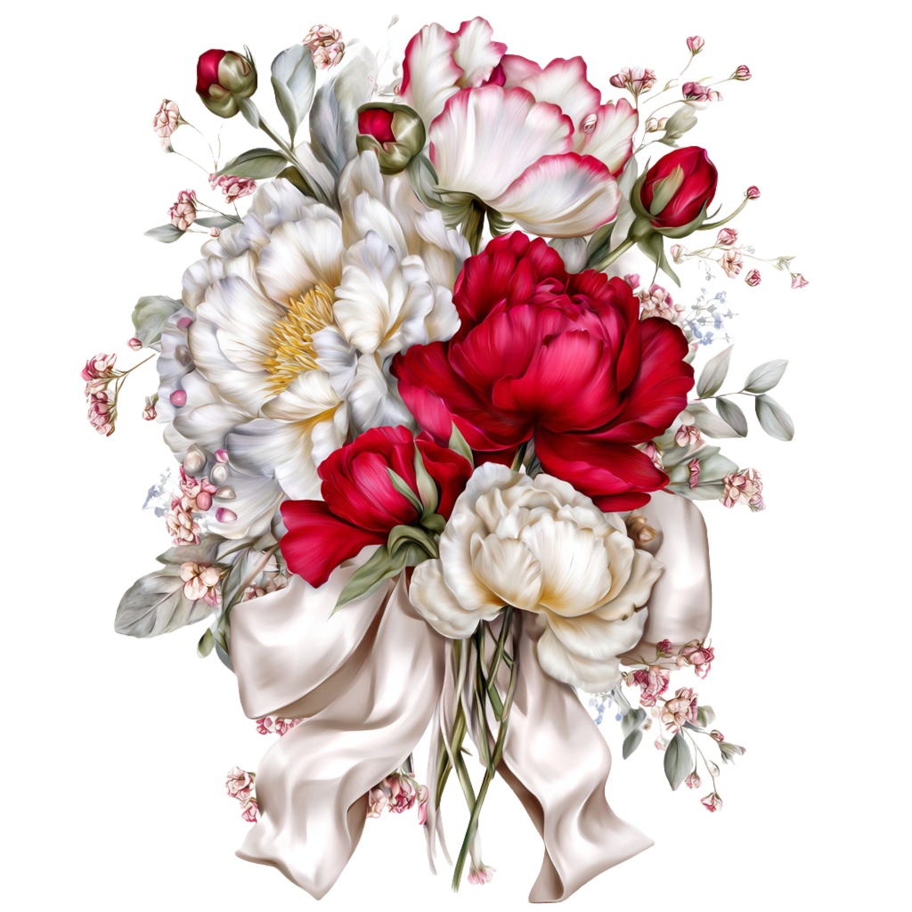 【商用利用可】赤と白の花束の水彩クリップアート20点セット|高解像度・透過PNG|フラワーブーケ・ボタニカル素材|ペーパークラフト・ジャンクジャーナル素材