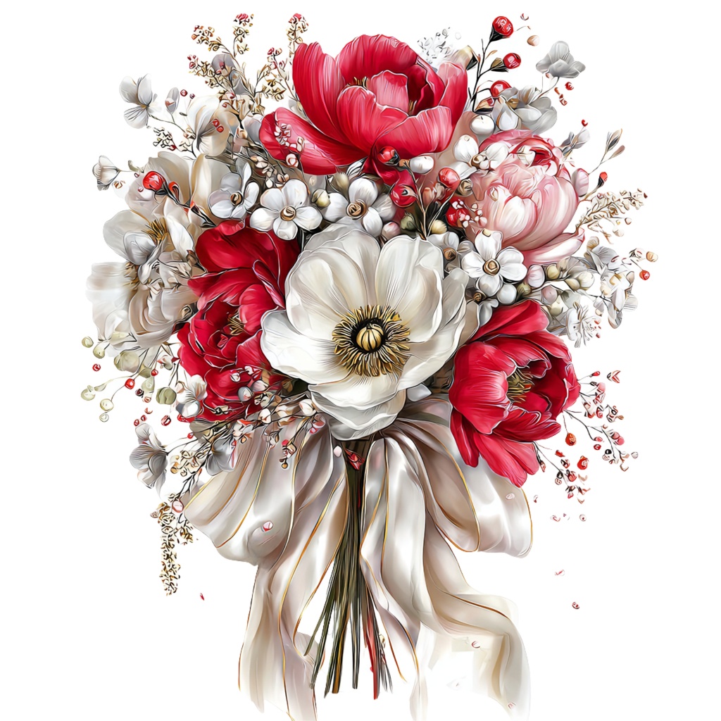 【商用利用可】赤と白の花束の水彩クリップアート20点セット|高解像度・透過PNG|フラワーブーケ・ボタニカル素材|ペーパークラフト・ジャンクジャーナル素材