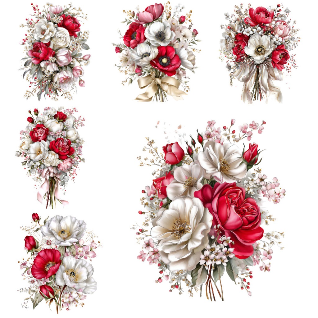 【商用利用可】赤と白の花束の水彩クリップアート20点セット|高解像度・透過PNG|フラワーブーケ・ボタニカル素材|ペーパークラフト・ジャンクジャーナル素材