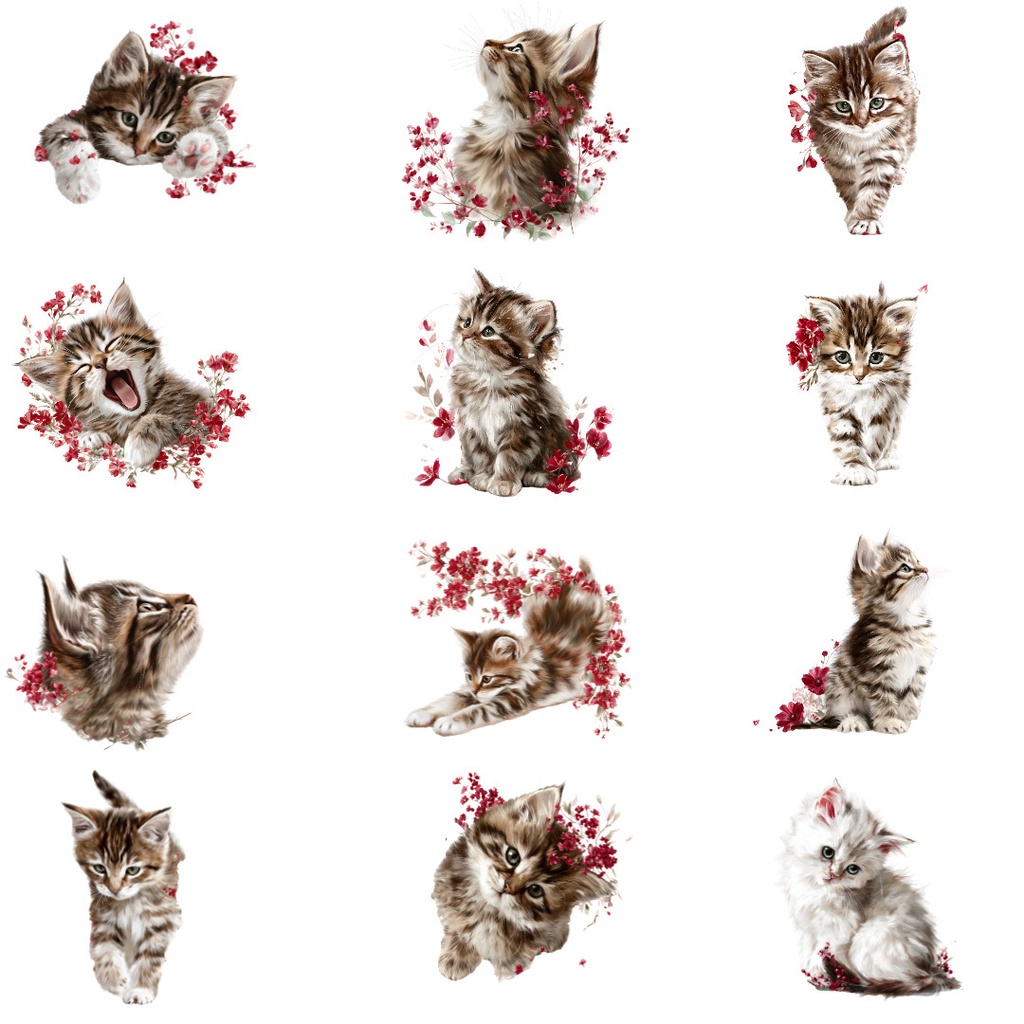【商用利用可】遊ぶ子猫の水彩クリップアート20点セット|高解像度・透過PNG|猫・アニマル素材|ペーパークラフト・ジャンクジャーナル素材