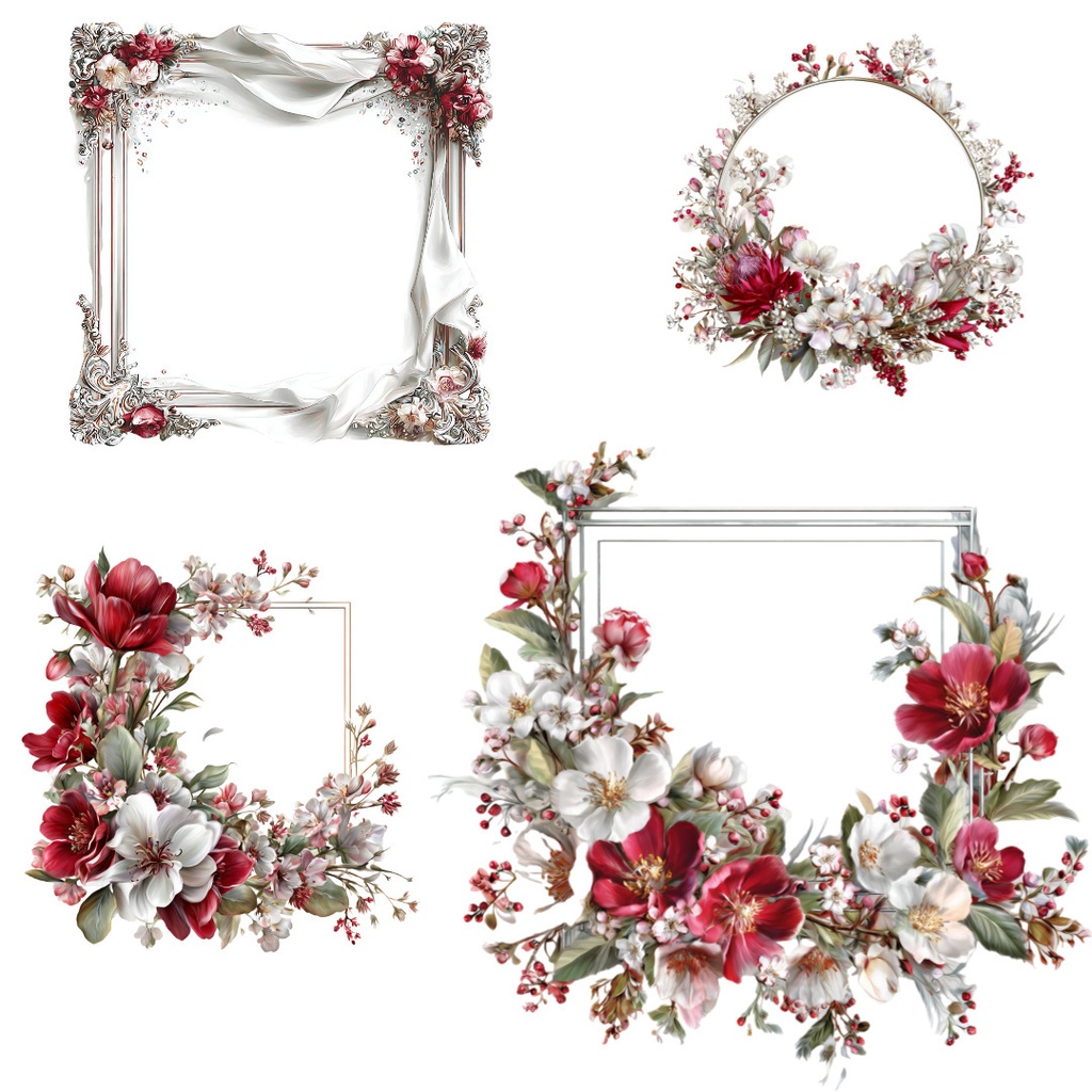 【商用利用可】フローラルサークルフレームの水彩クリップアート40点セット|高解像度・透過PNG|花枠・ボタニカル素材|ペーパークラフト・ジャンクジャーナル素材