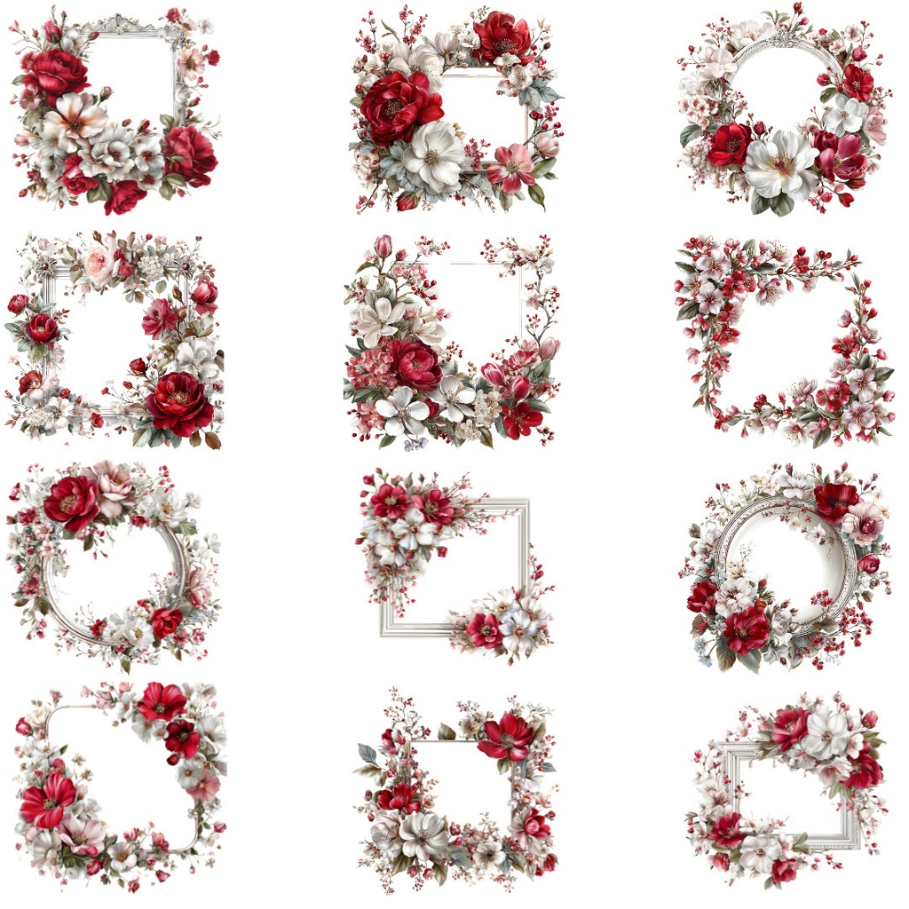 【商用利用可】フローラルサークルフレームの水彩クリップアート40点セット|高解像度・透過PNG|花枠・ボタニカル素材|ペーパークラフト・ジャンクジャーナル素材