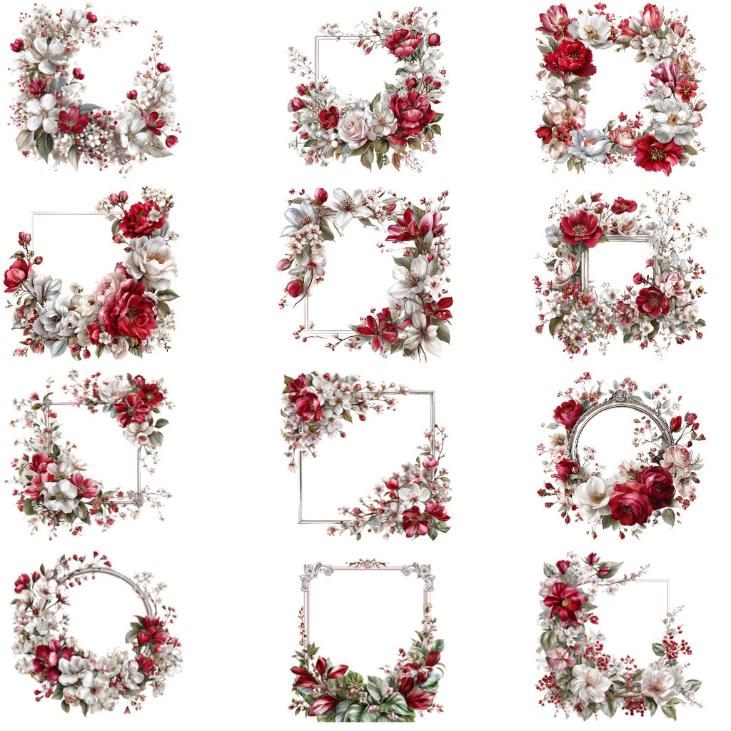 【商用利用可】フローラルサークルフレームの水彩クリップアート40点セット|高解像度・透過PNG|花枠・ボタニカル素材|ペーパークラフト・ジャンクジャーナル素材
