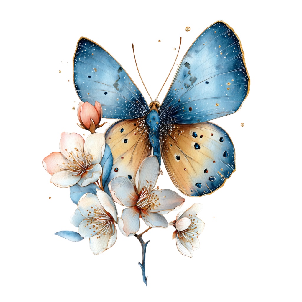 青い蝶々クリップアートPNG20点セット|水彩バタフライ素材・印刷用イラスト・ジャンクジャーナル・ペーパークラフト向け