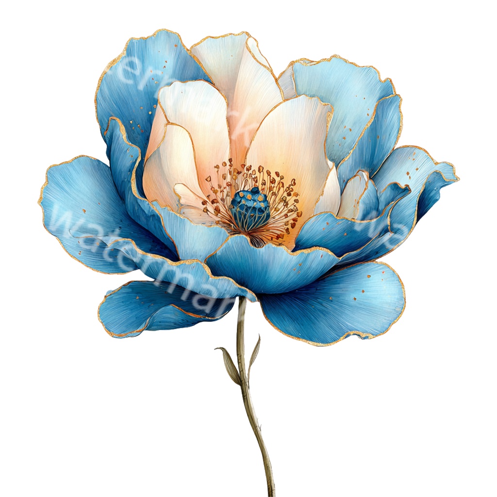 青い花クリップアートPNG30点セット|水彩フラワー素材・ボタニカルイラスト・ジャンクジャーナル・ペーパークラフト向け