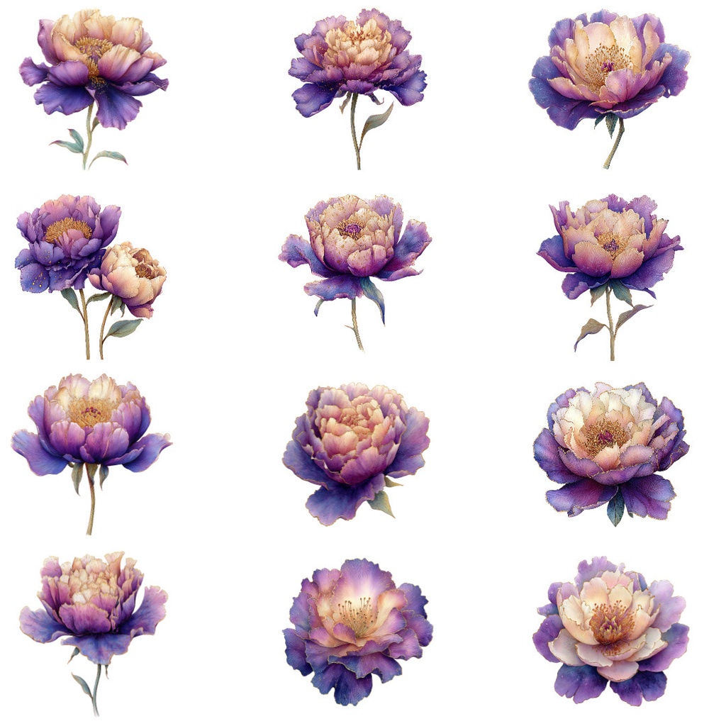 紫の花クリップアートPNG40点セット|水彩フラワー素材・ボタニカルイラスト・ジャンクジャーナル・ペーパークラフト向け
