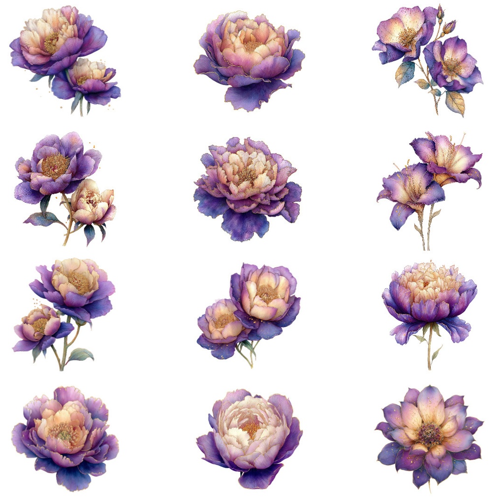 紫の花クリップアートPNG40点セット|水彩フラワー素材・ボタニカルイラスト・ジャンクジャーナル・ペーパークラフト向け