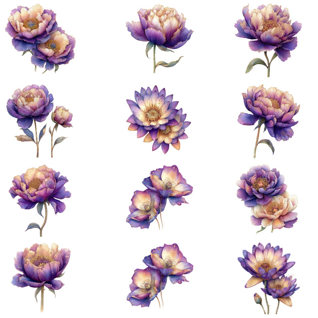 紫の花クリップアートPNG40点セット|水彩フラワー素材・ボタニカルイラスト・ジャンクジャーナル・ペーパークラフト向け