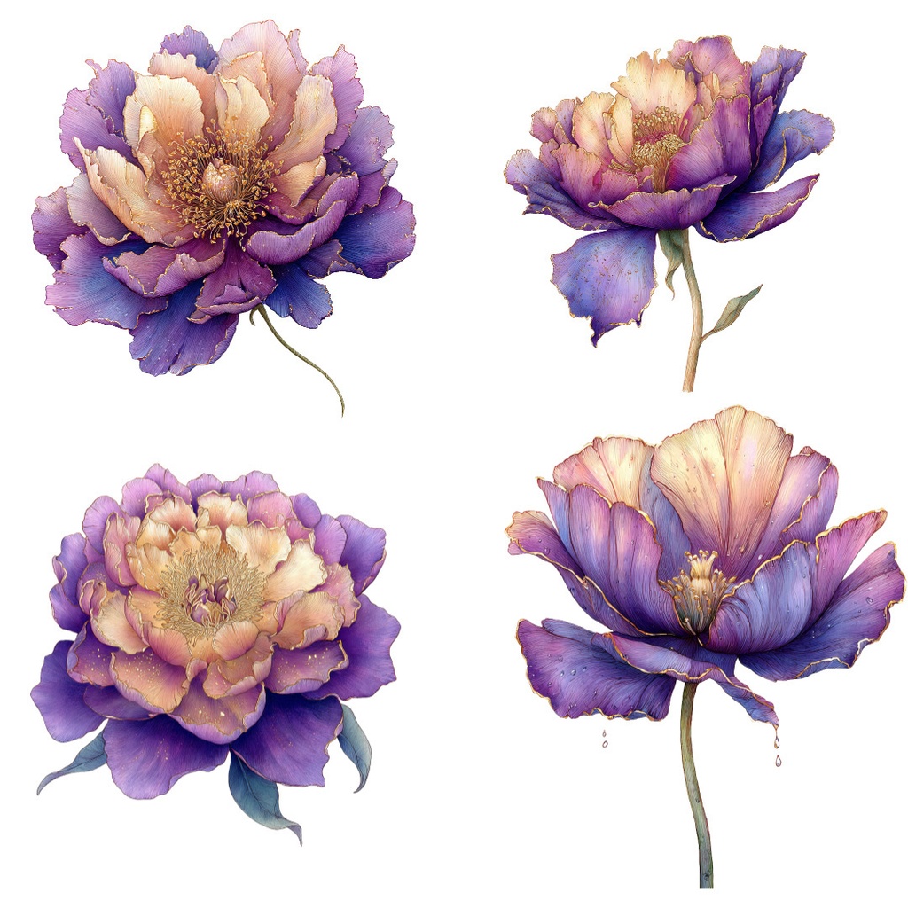 紫の花クリップアートPNG40点セット|水彩フラワー素材・ボタニカルイラスト・ジャンクジャーナル・ペーパークラフト向け