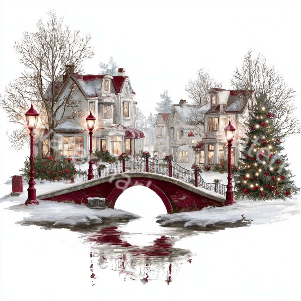 クリスマスタウンイラストPNG|水彩ウィンタービレッジ素材・冬の街並みアート・デジタルダウンロード