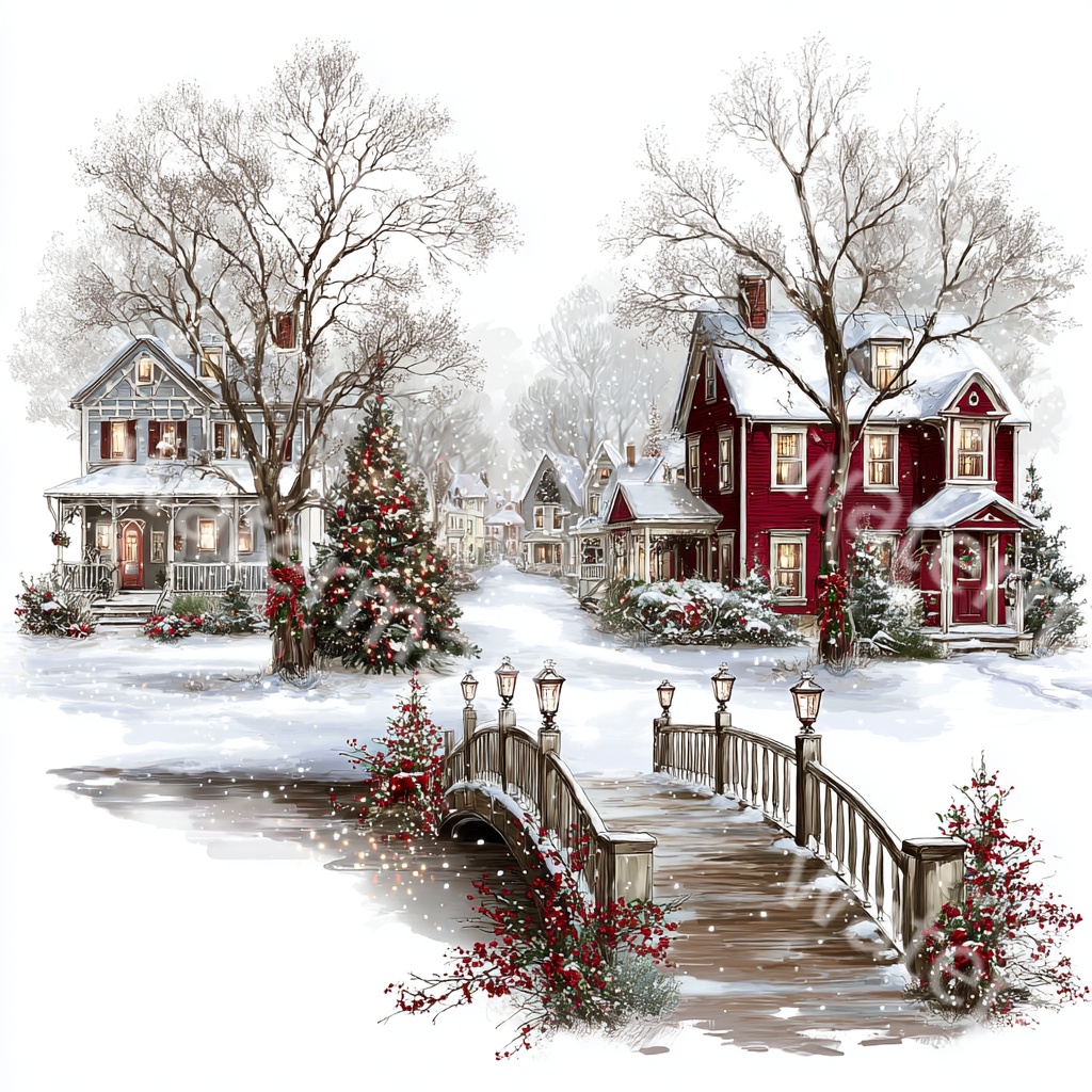 クリスマスタウンイラストPNG|水彩ウィンタービレッジ素材・冬の街並みアート・デジタルダウンロード