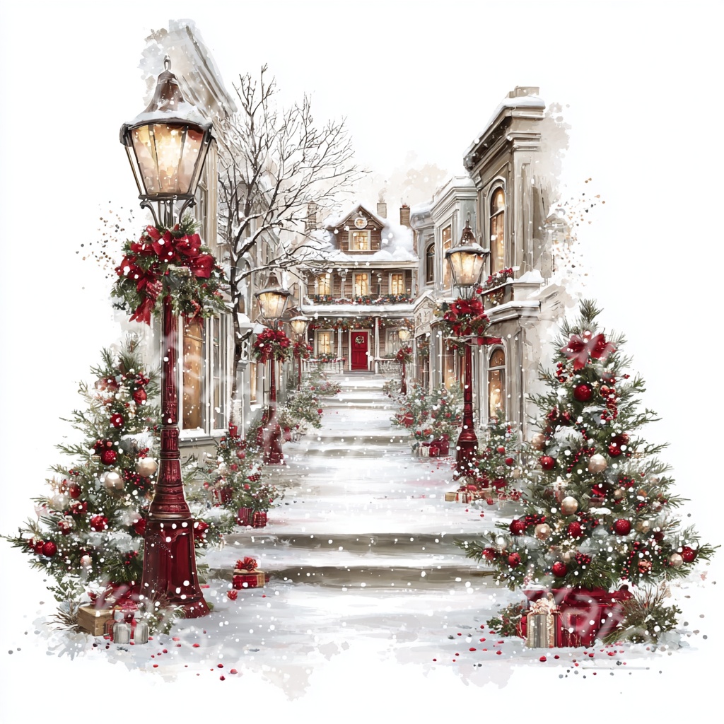 クリスマスタウンイラストPNG|水彩ウィンタービレッジ素材・冬の街並みアート・デジタルダウンロード