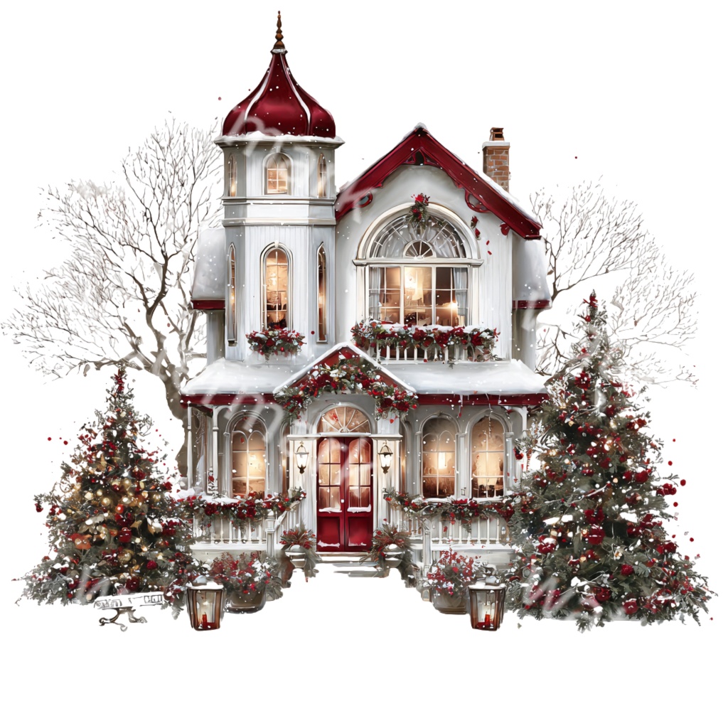 クリスマスコテージイラストPNG|水彩ウィンターハウス素材・あたたかな冬の家アート・デジタルダウンロード