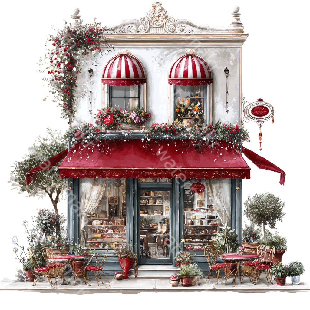 クリスマスカフェイラストPNG|水彩ウィンターカフェ素材・温もりあるホリデーアート・デジタルダウンロード