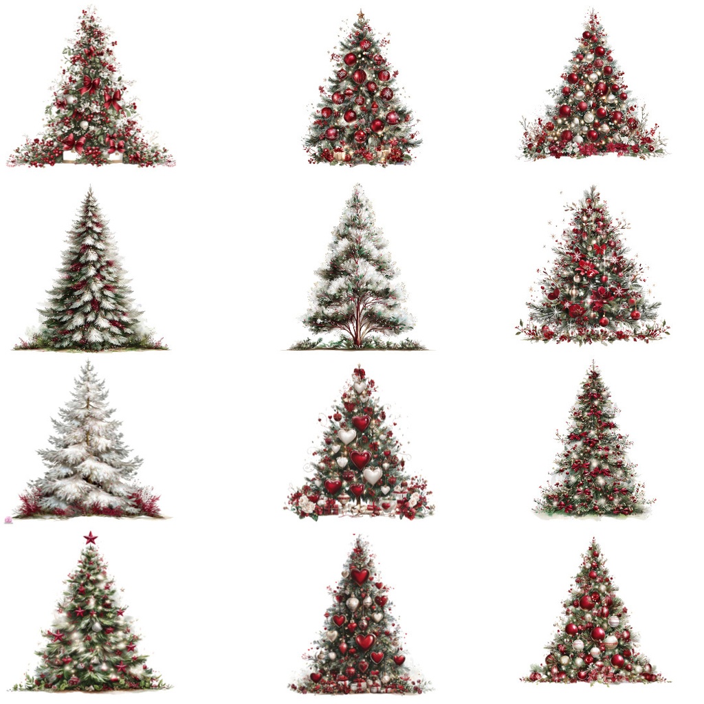 クリスマスツリークリップアートPNG37点セット|水彩ホリデーツリー素材・ジャンクジャーナル・ペーパークラフト向け