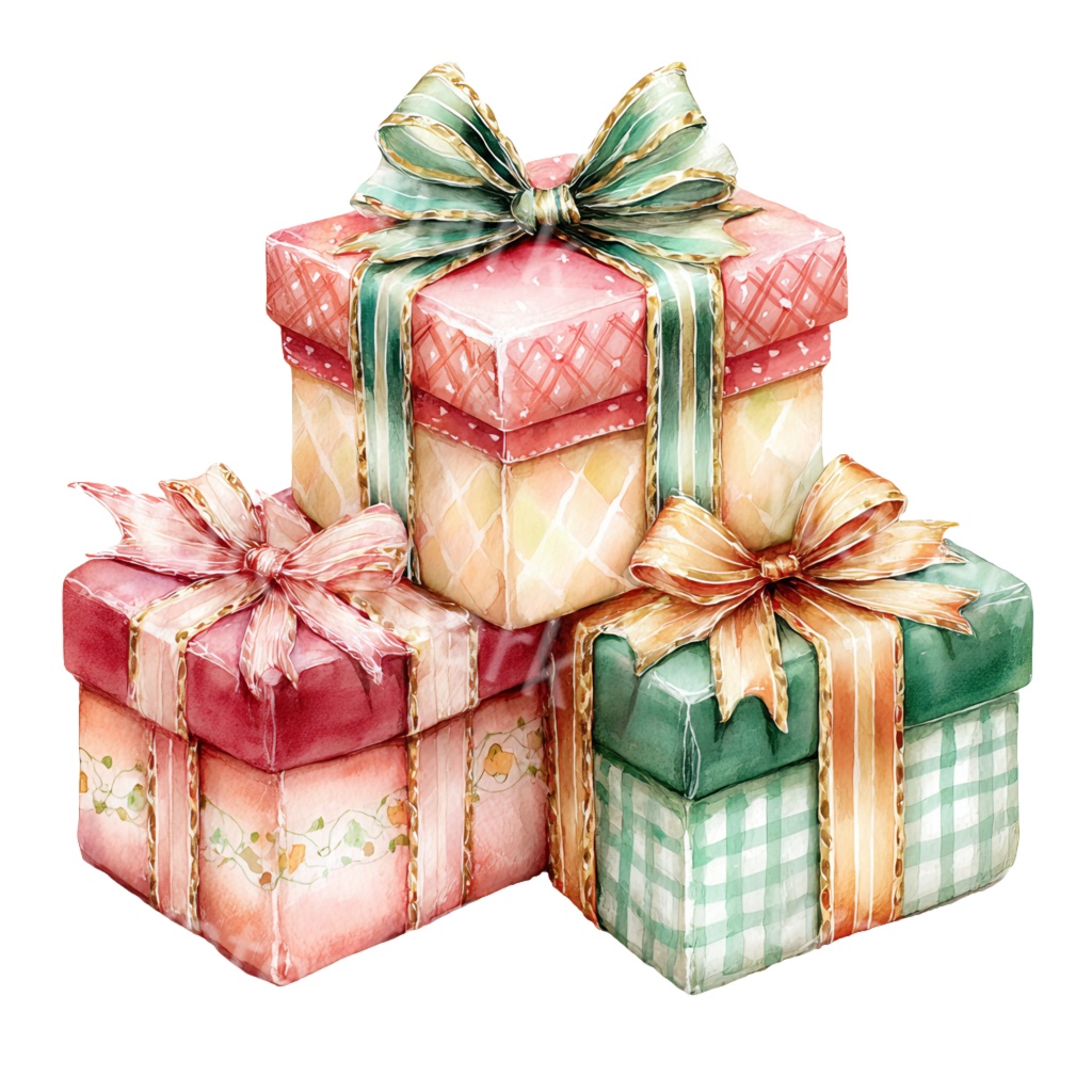 クリスマスギフトボックスイラストPNG|積み重ねたプレゼント素材・水彩ホリデーアート・デジタルダウンロード