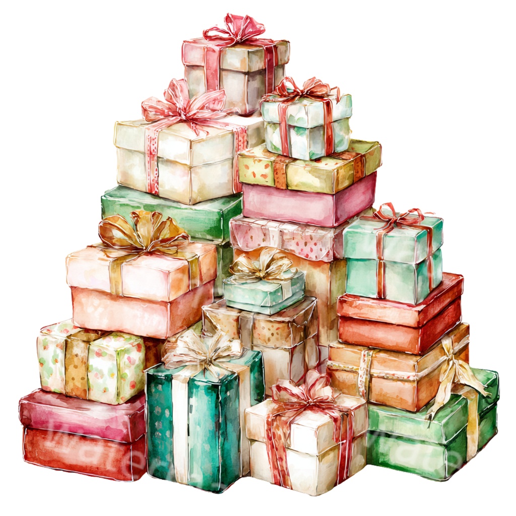 クリスマスギフトボックスイラストPNG|積み重ねたプレゼント素材・水彩ホリデーアート・デジタルダウンロード