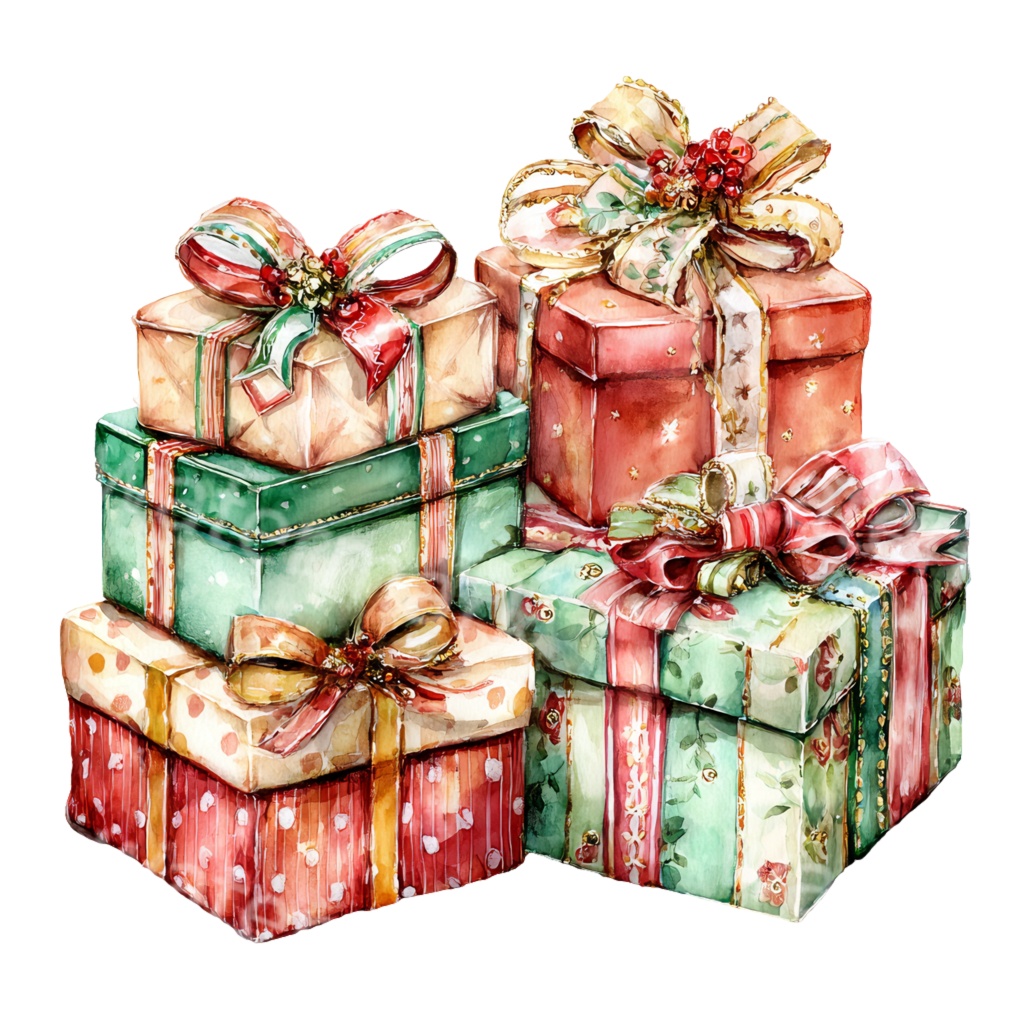 クリスマスギフトボックスイラストPNG|積み重ねたプレゼント素材・水彩ホリデーアート・デジタルダウンロード