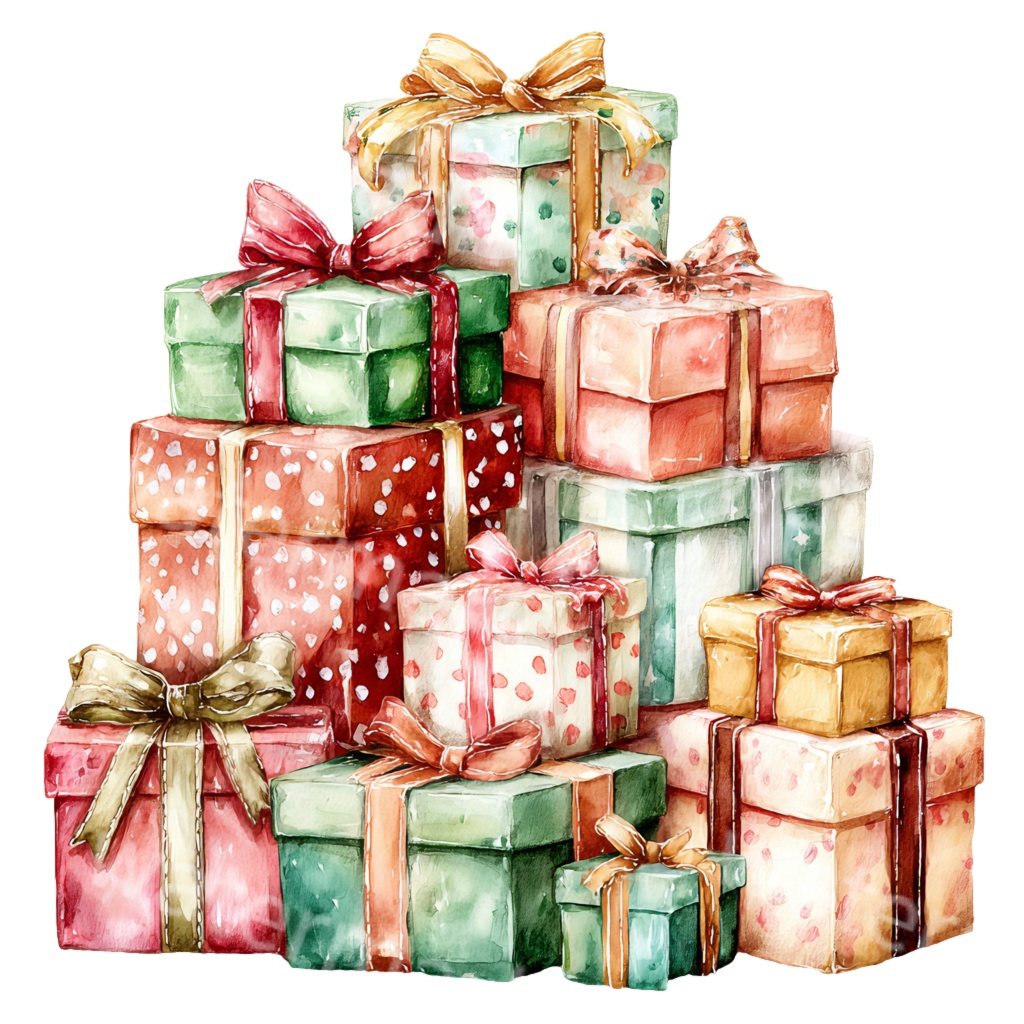 クリスマスギフトボックスイラストPNG|積み重ねたプレゼント素材・水彩ホリデーアート・デジタルダウンロード